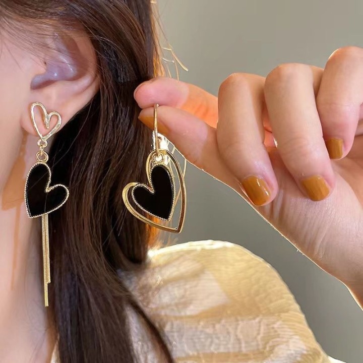 S925 Prata Esterlina Assimétrica Coração Borla Brincos , Elegante Estilo Coreano Longo Moda Jóias Para Mulher