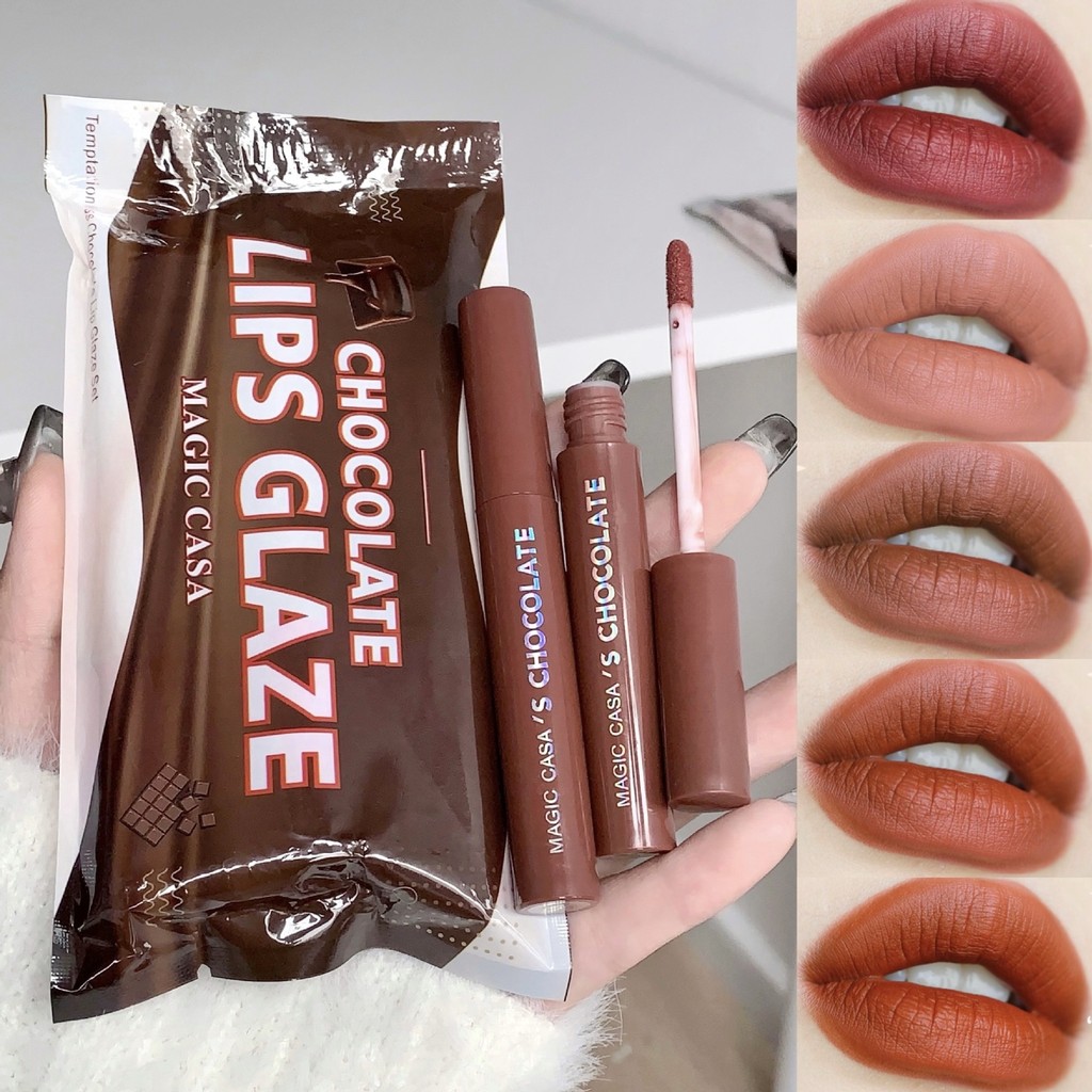 Venda quente MAGIC CASA Chocolate Conjunto de esmalte labial de cinco peças fosco batom não desbotado estudante feminino