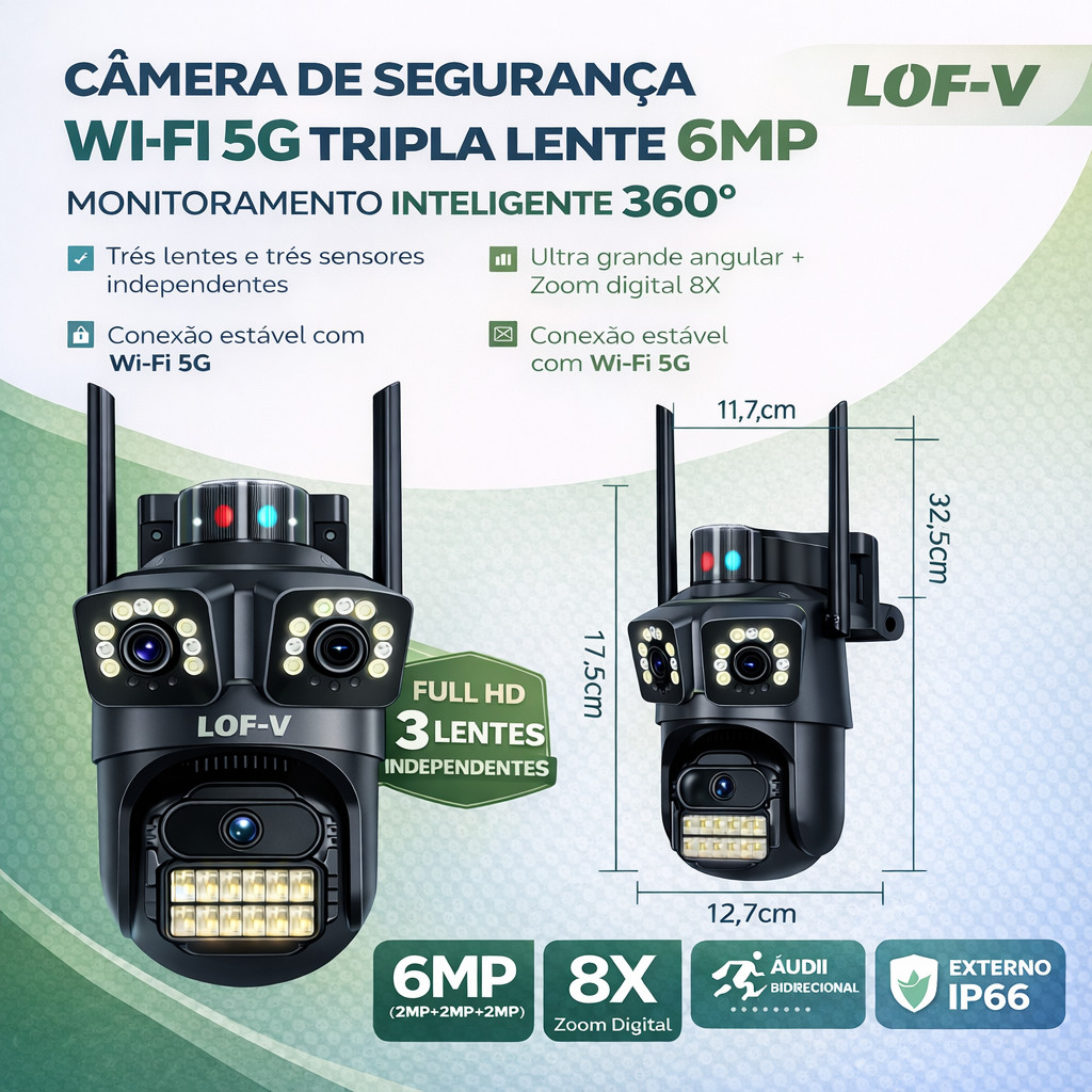 Câmera de Segurança Wi-Fi 2,4 GHz e 5G Tripla Lente 6MP – Monitoramento Inteligente 360°