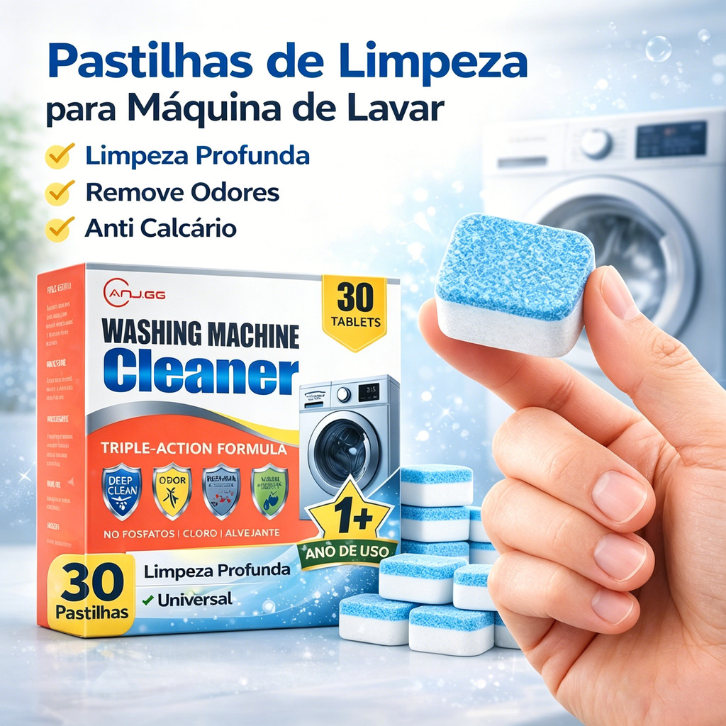 kit 30 Pastilhas para Limpeza de Máquina de Lavar Removedor de Odor Limpeza Profunda Tambor Lava e Seca