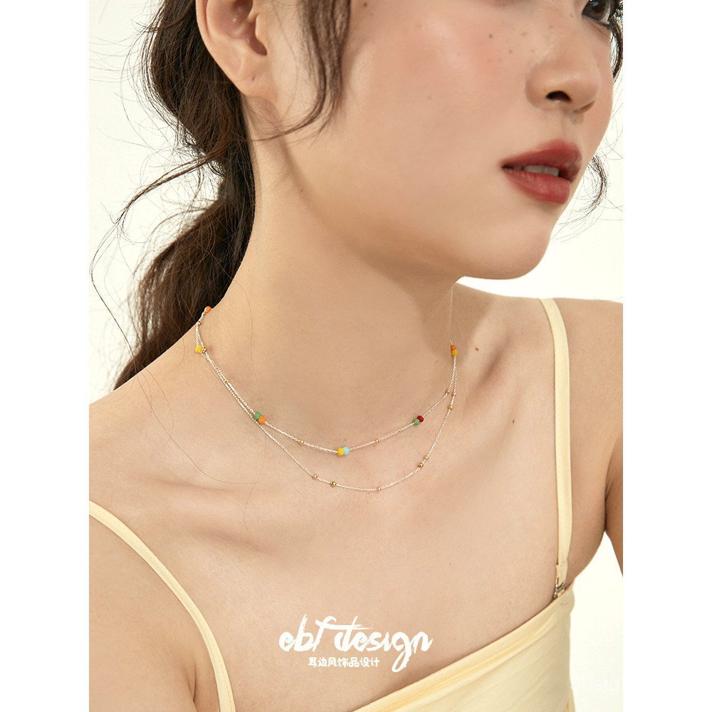 Breeze in the Ear Rainbow Sweet Bean Summer Ins Blogger Round Bead Small Bean Daily Wear S925 Sterling Silver Necklace