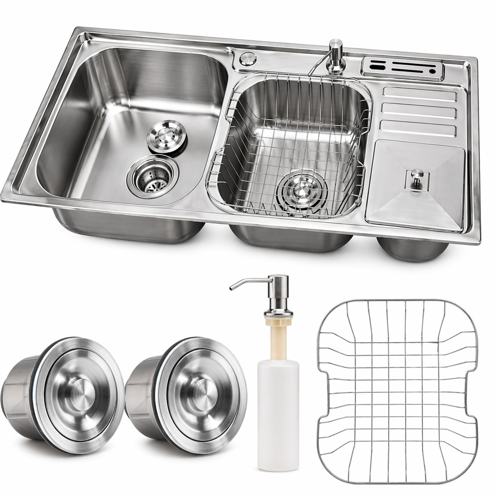 Cuba Dupla 92x45cm para Cozinha Gourmet em Inox 304 Dupla Cozinha Com Lixeira Pia Calha Umida Porta Facas