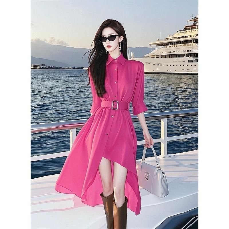 Único dopamina rosa vermelho camisa vestido 2026 primavera outono High-End requintado francês cintura estreita Irregular