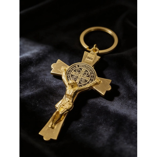 Chaveiro Dourado Crucifico com Medalha  São Bento_com Caixa.