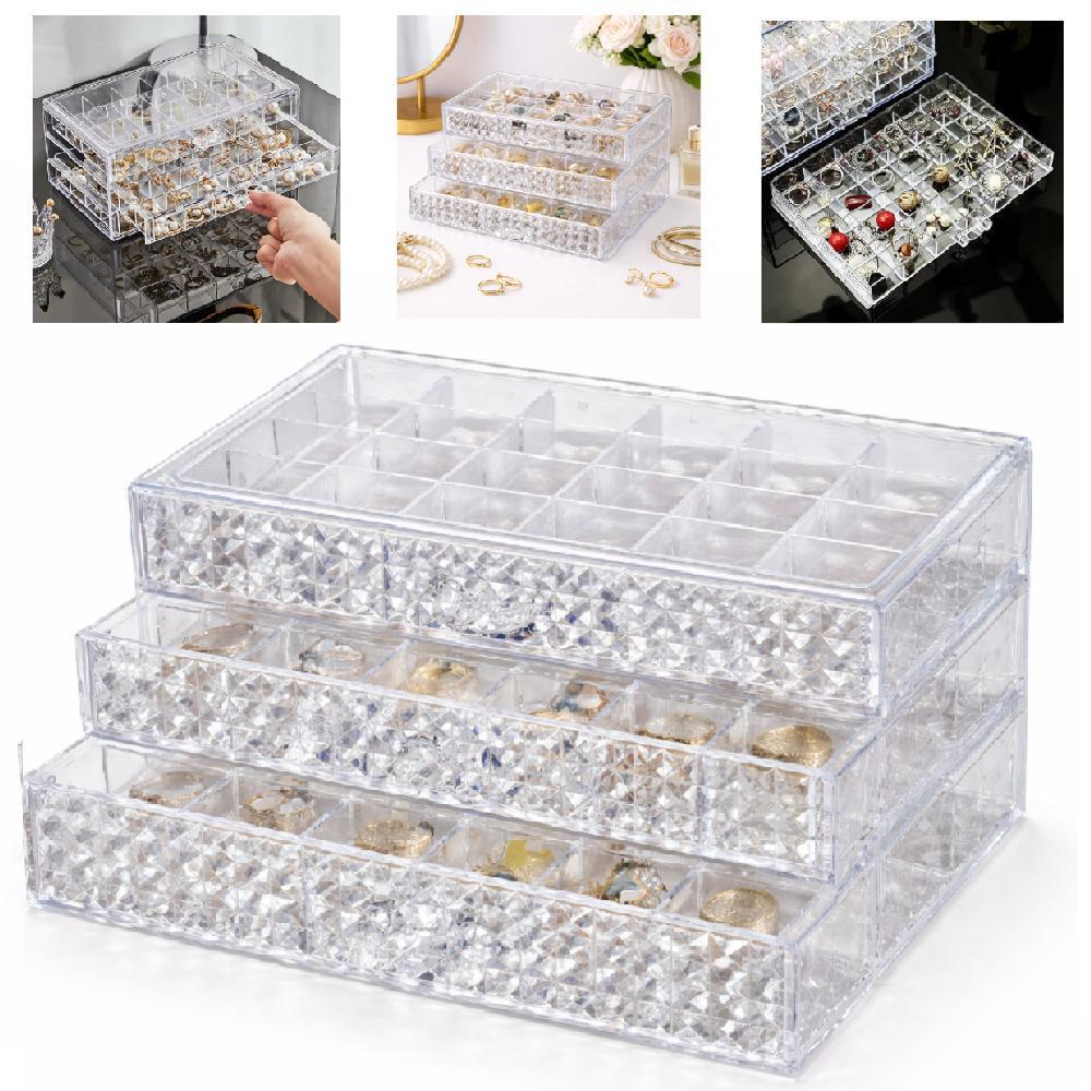 PORTA JOIAS ORGANIZADOR 72 DIVISORIAS CAIXA ACRILICA 3 GAVETAS TRANSPARENTE ACESSORIOS BRINCO COMEIA