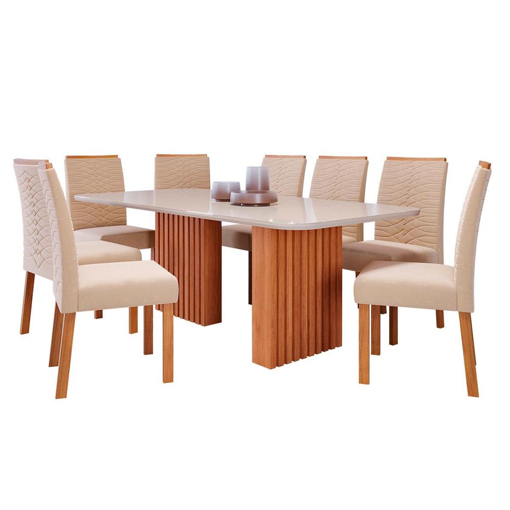 Mesa de Jantar Tampo de Vidro Off White Ester 2,10 Com e 8 Cadeiras Clarice Cinamomo/Madeira/Nude