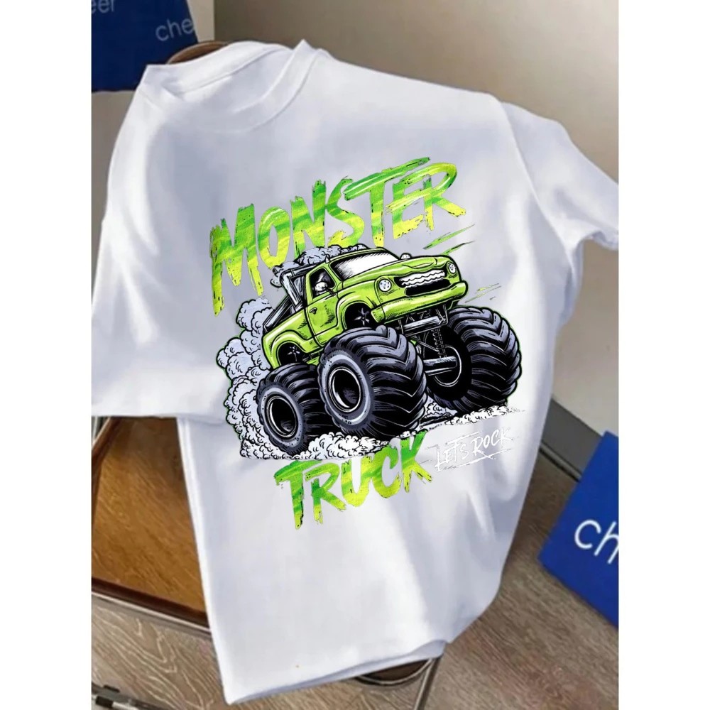 Camiseta Infantil Estampada Monster Truck Divertida Menino Menina 100% Algodão Confortável Dia a Dia Estilosa Escolar