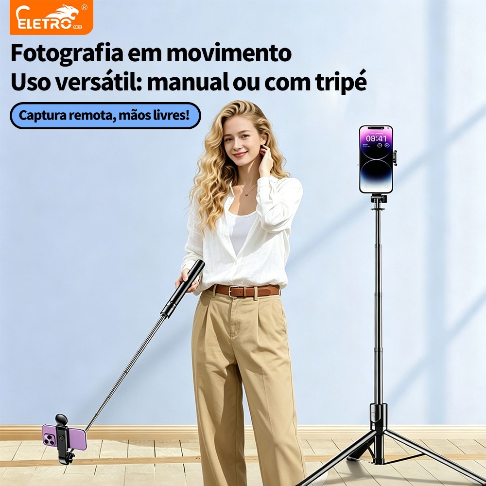 Tripé para celular 100cm portátil embutido controle remoto sem fio preto integrado Selfie Stick