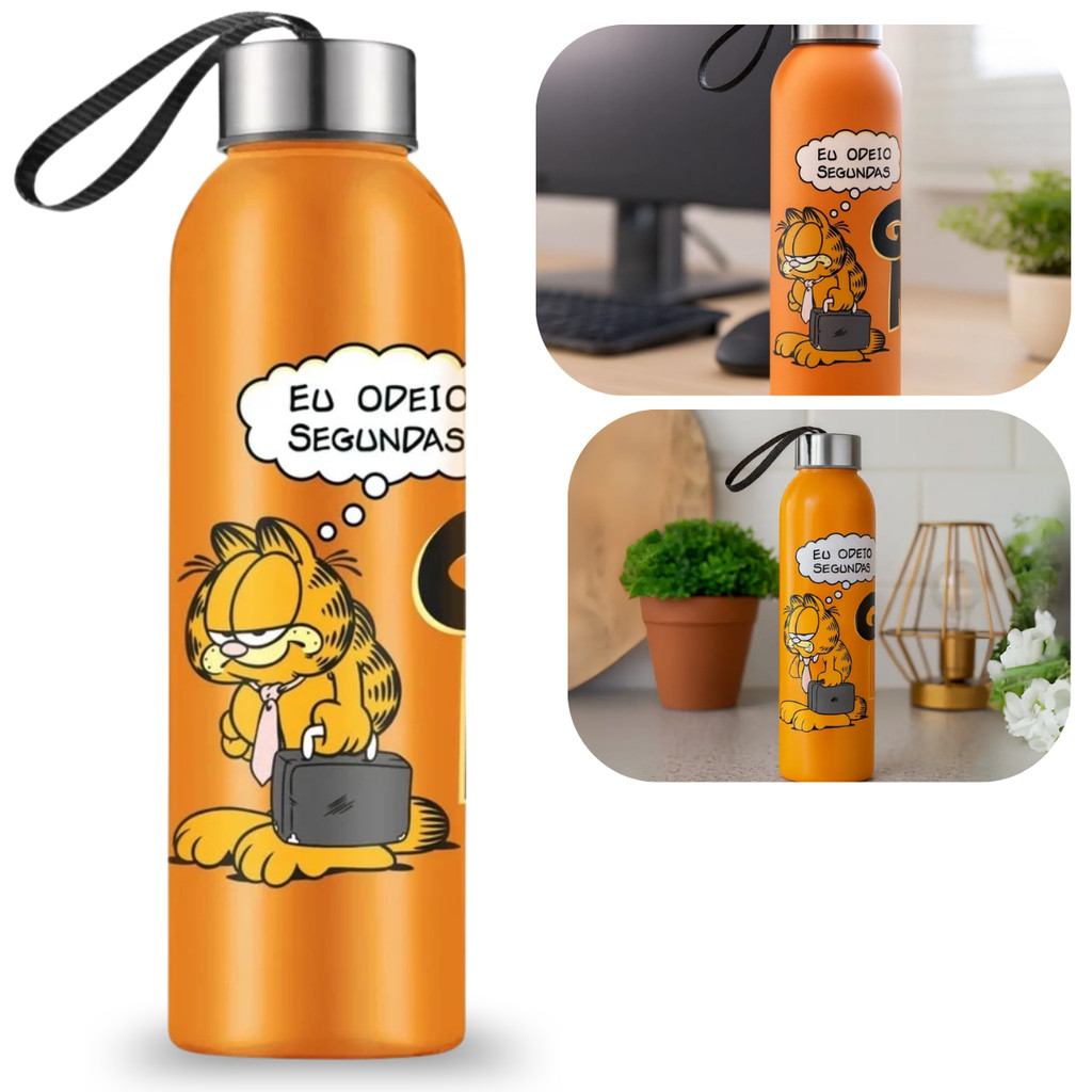 Garrafa Squeeze Água Garfield 800ml Escola Academia Tampa Inox
