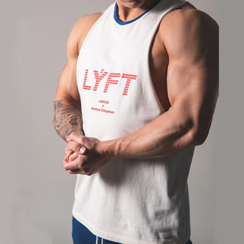 Ins mesmo estilo esportes masculinos sem mangas T carta verão esportes lazer puro algodão suor-absorvente exercício corr