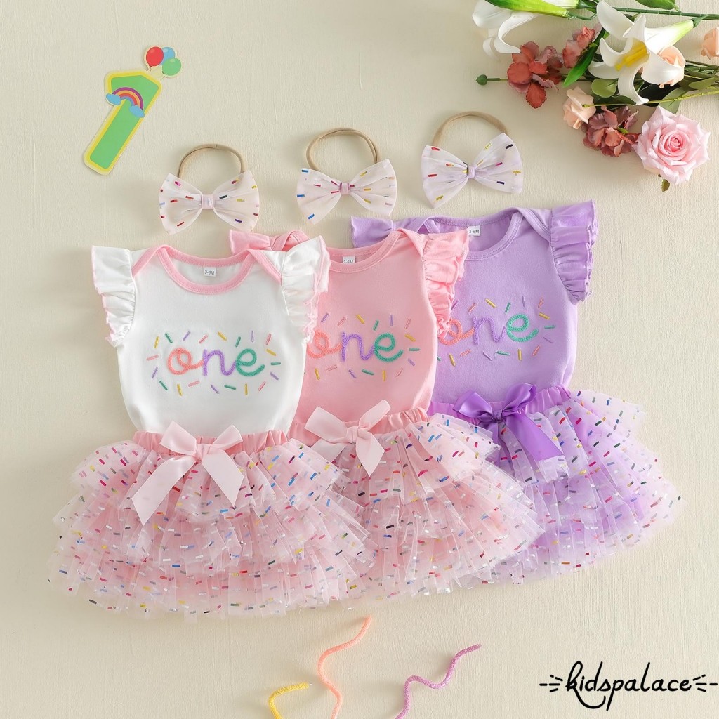 qwe-Baby Girl Primeiro Aniversário Roupa Carta Manga Voadora Macacão Saia De Tule E Tiara Com Arco Conjunto De 3 Peças D