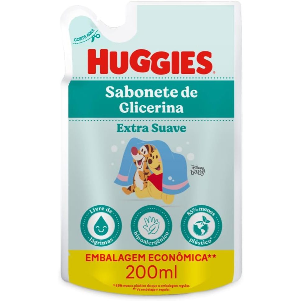 Sabonete Líquido Huggies Extra Suave Bebê Refil 200ml Infantil Hipoalergênico Não Arde Olhos