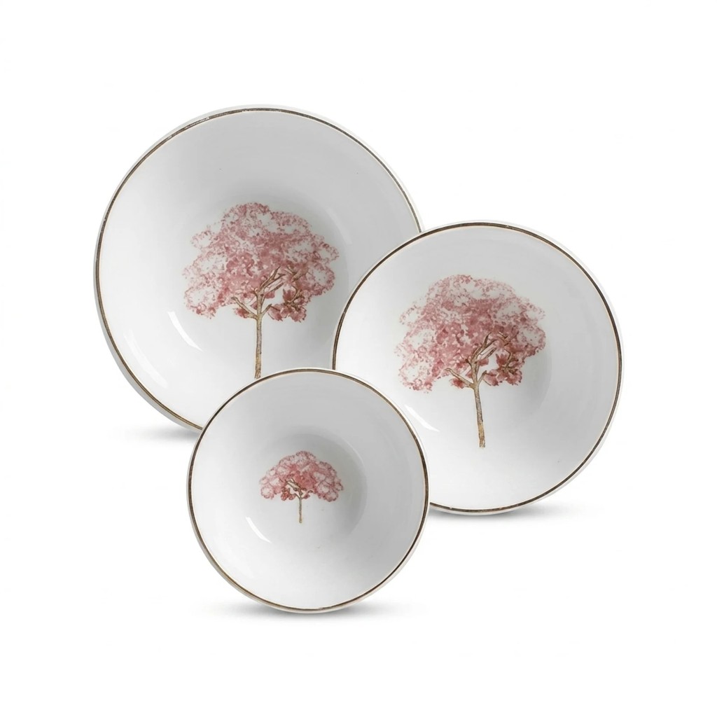 Conjunto 3 Tigelas Prato de Massa Risoto Bowl e Cumbuca Filetada a Ouro Ipê Rosa Cerâmica Scalla