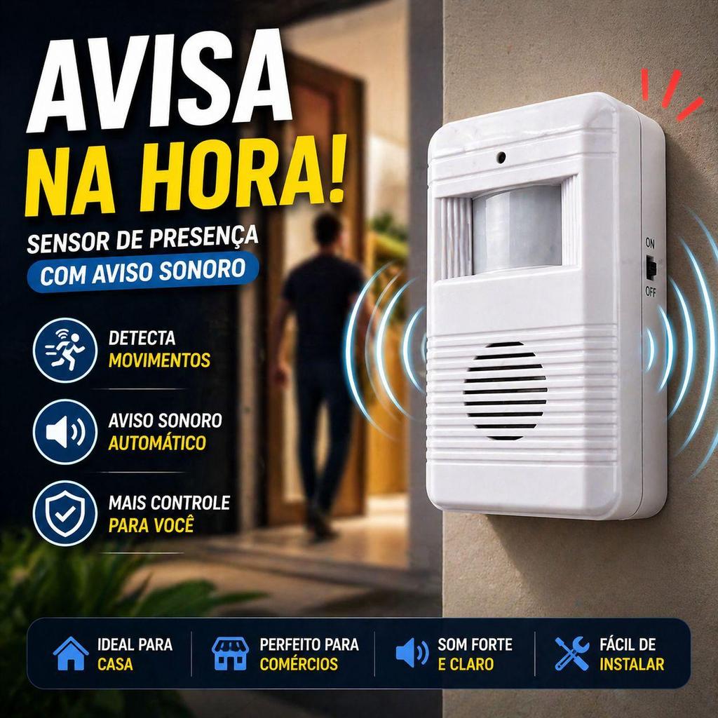 Sensor de Presença Detecta Movimento Alarme Sonoro Campainha Avisa Quando Alguém Entra Loja Sem Fio