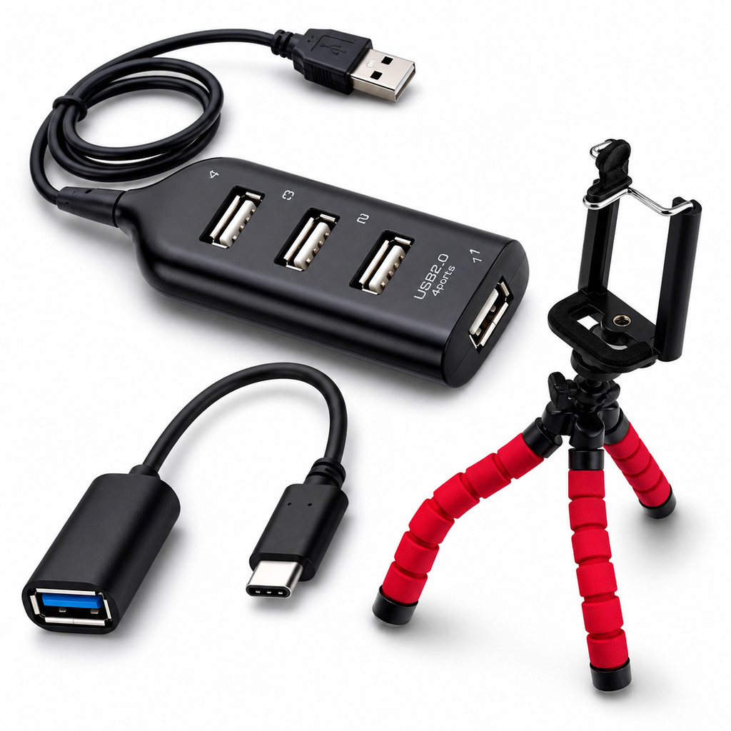 Hub Usb 4 Portas Otg Tipo C Ou Micro Usb + Tripé Celular Suporte Android Mouse Teclado