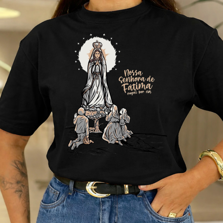 Camiseta Moda Feminina Catolica Nossa Senhora De Fatima T-shirt 100%Algodão Catolica Igreja Basica