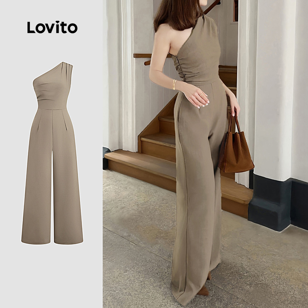 Lovito Elegante Macacão com Franzido Longo Com Babados Delicado Primavera/verão para Mulheres L143EDD558