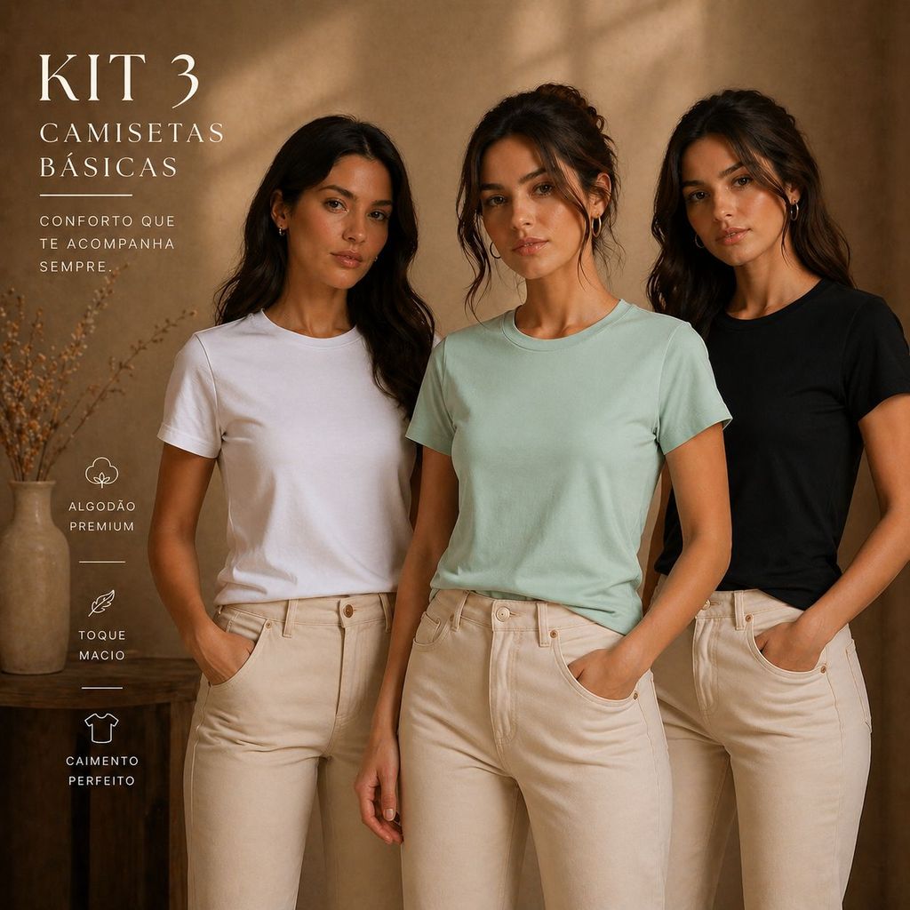 Kit 3 T-shirt Lisa Peruana 40.1 Cotton Pima Sem Estampa Feminina Baby Look Tee Camisa Básica Blusinha Colorida