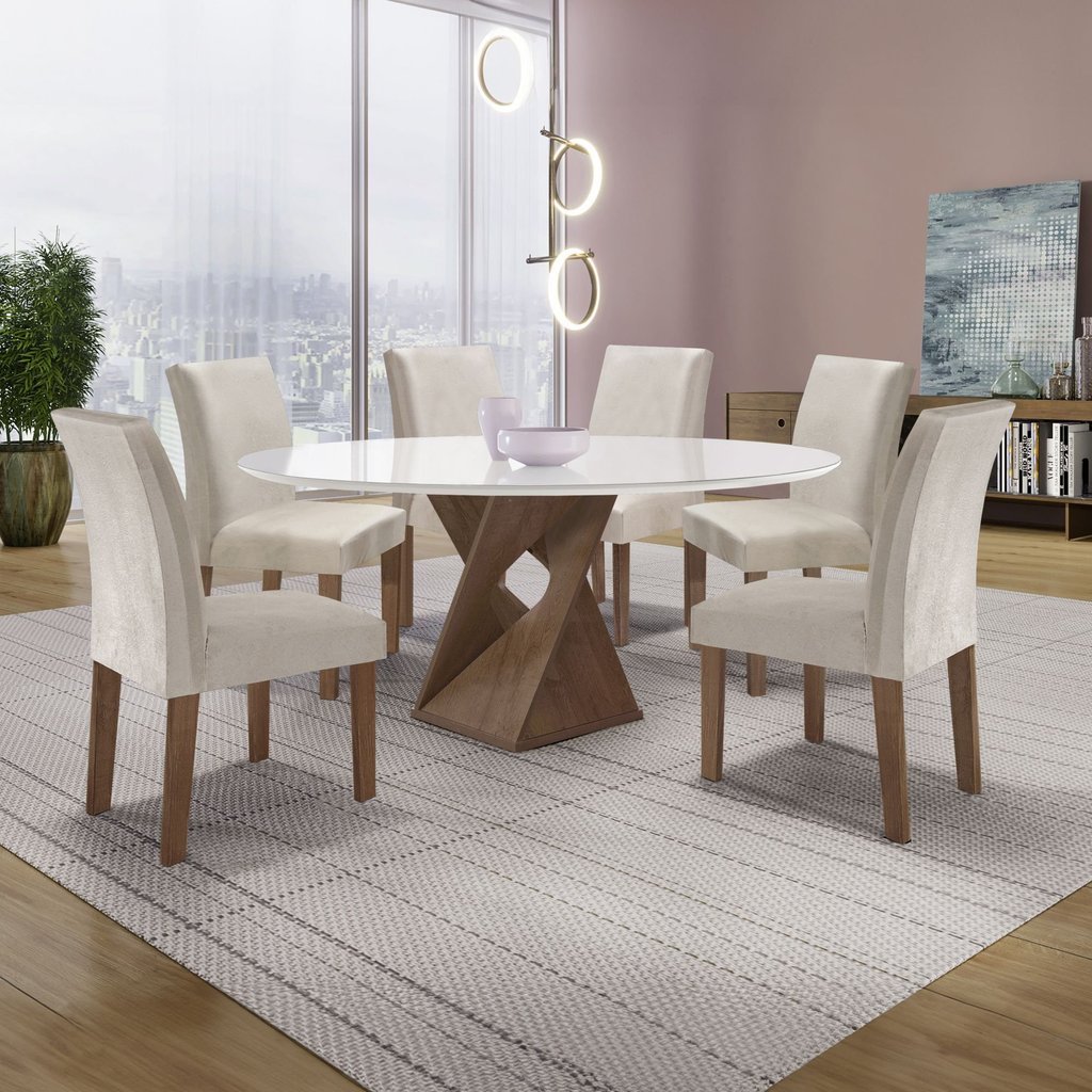 Conjunto Mesa Barcelona 120cm com 6 Cadeiras Espanha Tampo Plus Redondo Vidro YesCasa Chocolate/Off White/Boucle Gelo