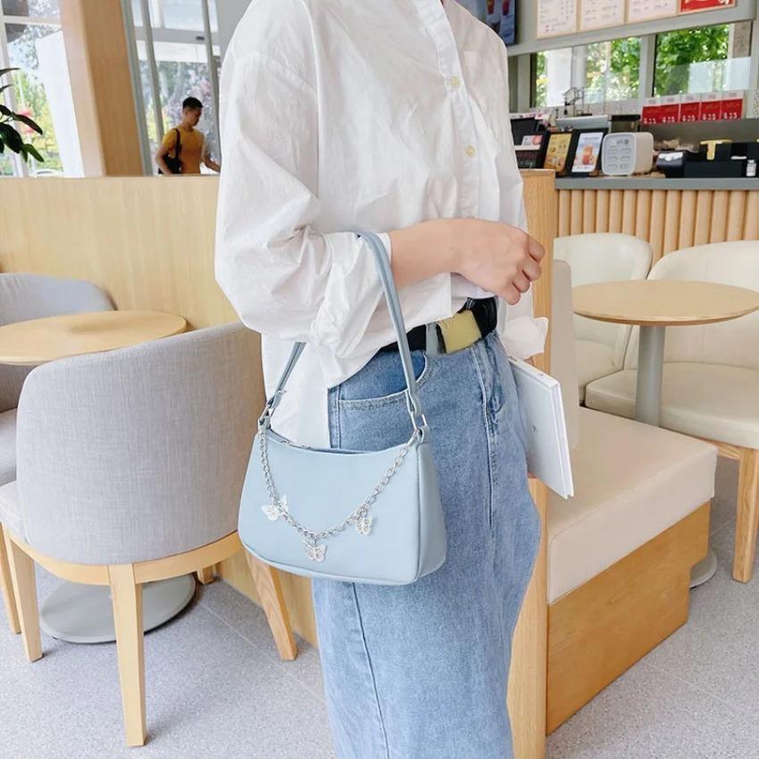1 Pçs Moda Senhoras Cor Pura Pequenas Bolsas Elegantes Sacos De Couro Do Plutônio Feminino Borboleta Corrente Ombro Axil