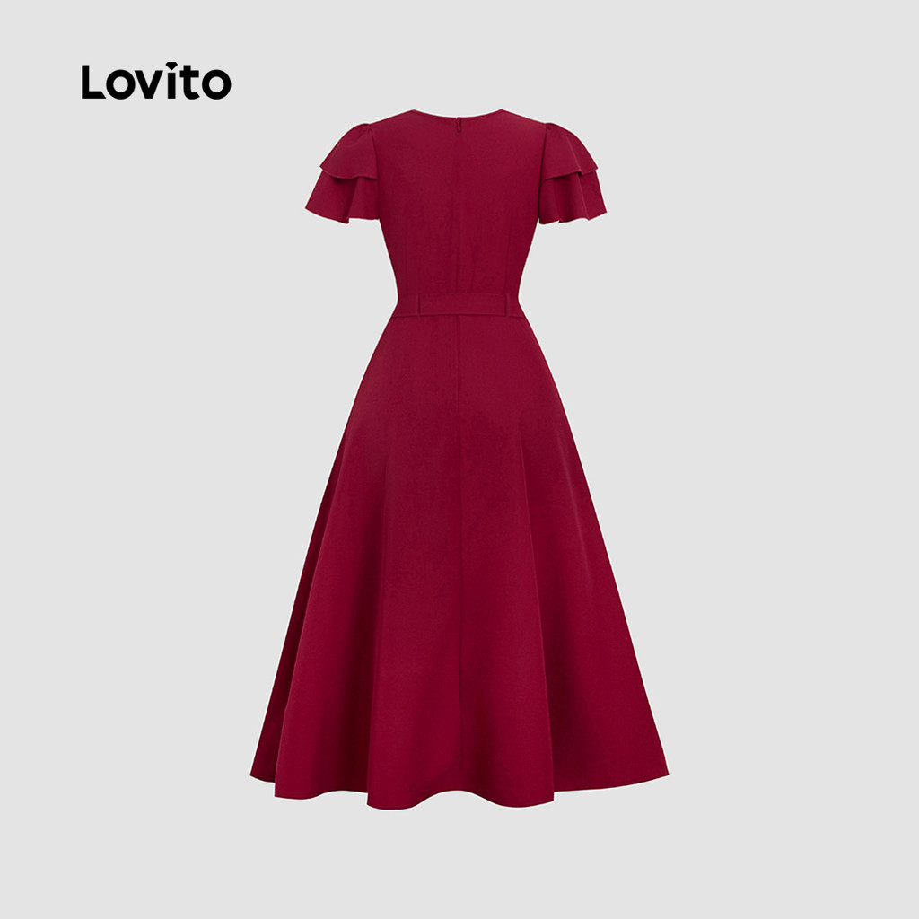 Lovito Babado Elegante Vestido com Cinto de Dupla Camada Primavera/verão Vinho Tinto para mulheres L155ED434 · foto 2