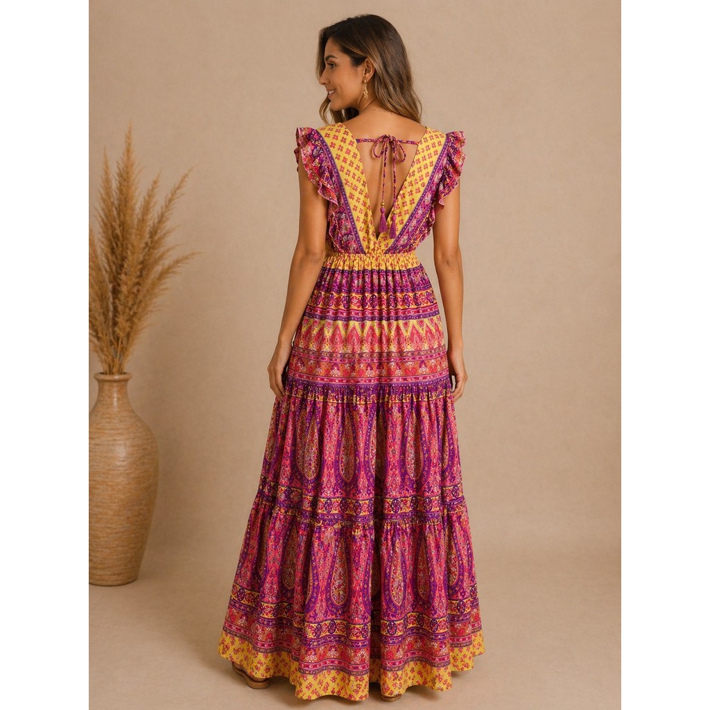 vestido longo boho indiano,babado no ombro e decote V