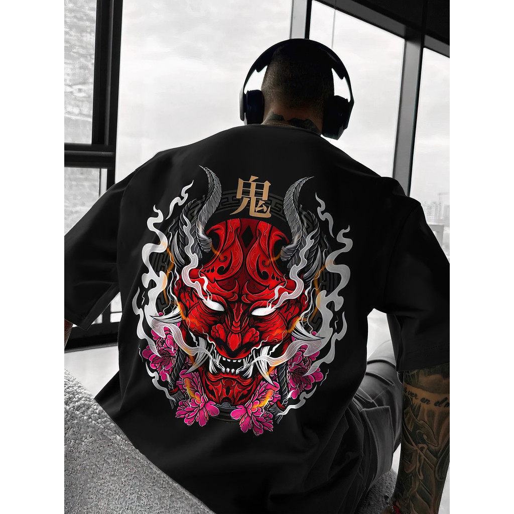 Camiseta Oni Demônio & Flor de Cerejeira Kanji Preto e Vermelho Máscara Oni, Estilo Casual
