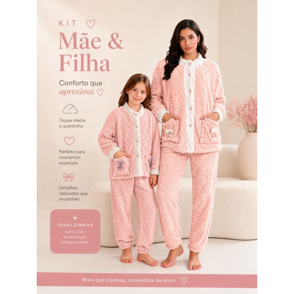 Conjunto Pijama Mãe e Filha Inverno Plush Soft Feminino Infantil Look Combinando Família Confortável Quente Moda Casa