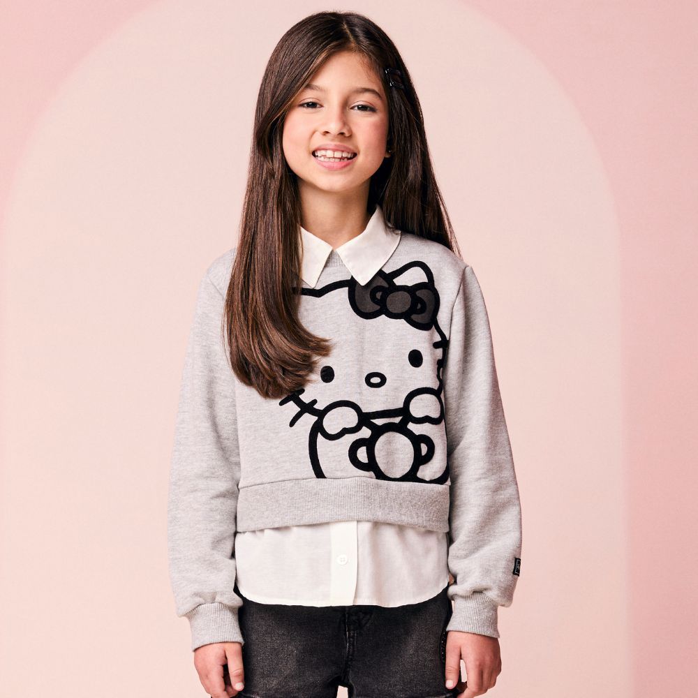 Casaco Menina Momi em Moletom Hello Kitty na cor Cinza