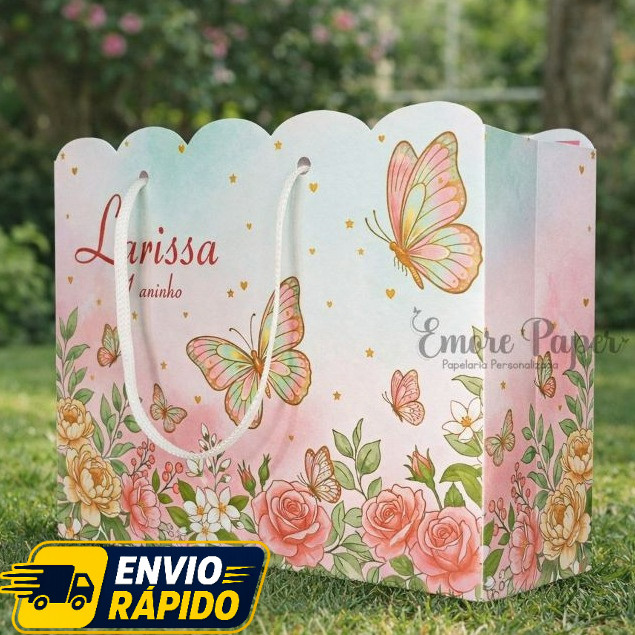 Jardim das Borboletas Sacolinha Personalizada com Nome | Lembrancinha Festa Infantil 20x15x7cm..