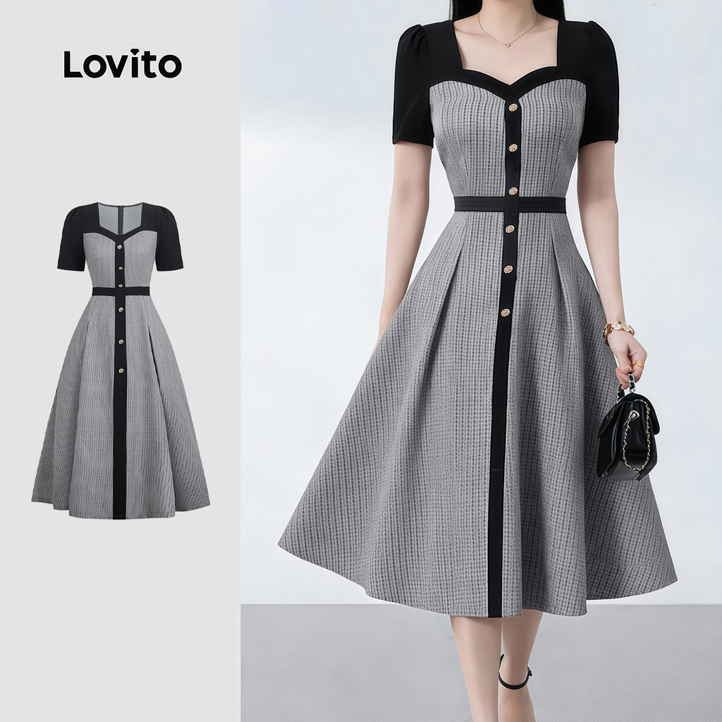 Lovito Vestido Preto Elegante com Blocos de Cor e Frente de Botões Vestido de Pr