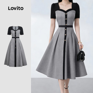 Lovito Vestido Midi Preto Elegante Com Blocos De Cor E Frente De Botões Vestido De Primavera/Verão Para Mulheres LBL35174