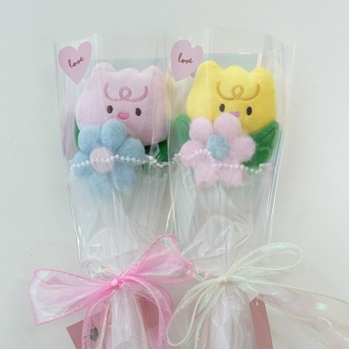 Cute doll flower bouquet tulip doll single flower flower gift doll flower gift, 1 set, 1 pink 1 yellow