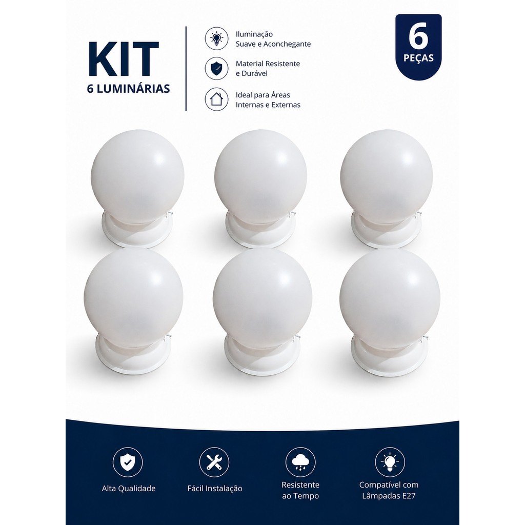 6 Unidades Luminária Bolinha + Suporte Globo Lâmpada LED