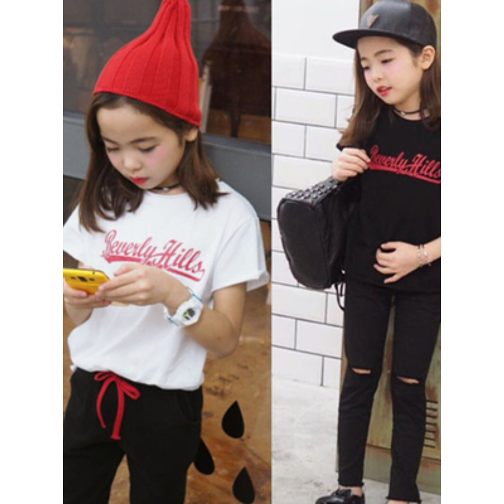 Pronto estoque Marca coreana 2026 verão meninas crianças médio grande crianças meninas pai-filho letras camiseta básica