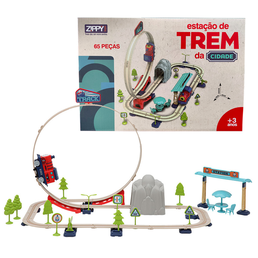 Trenzinho Pista Estação De Trem Locomotiva Com Looping Brinquedo 65 Peças