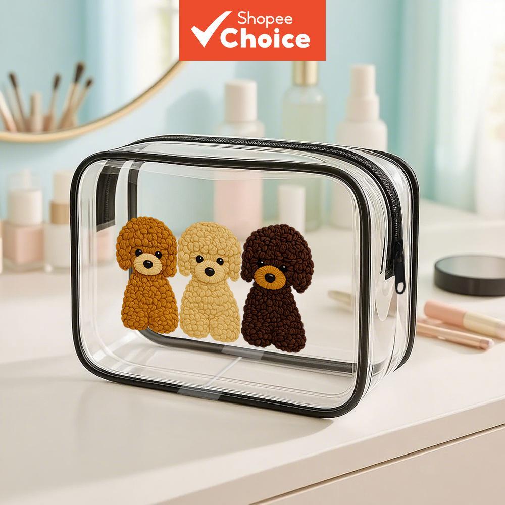Bolsa de Higiene Transparente com Padrão Fofo de Filhote - Estojo de Cosméticos com Crochê Adorável - Filhotes,