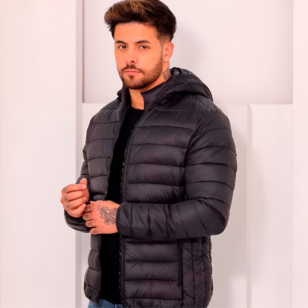 Jaqueta Masculina Puffer Bobojaco Frio Casaco Impermeável Nyon Preto Capuz Removível