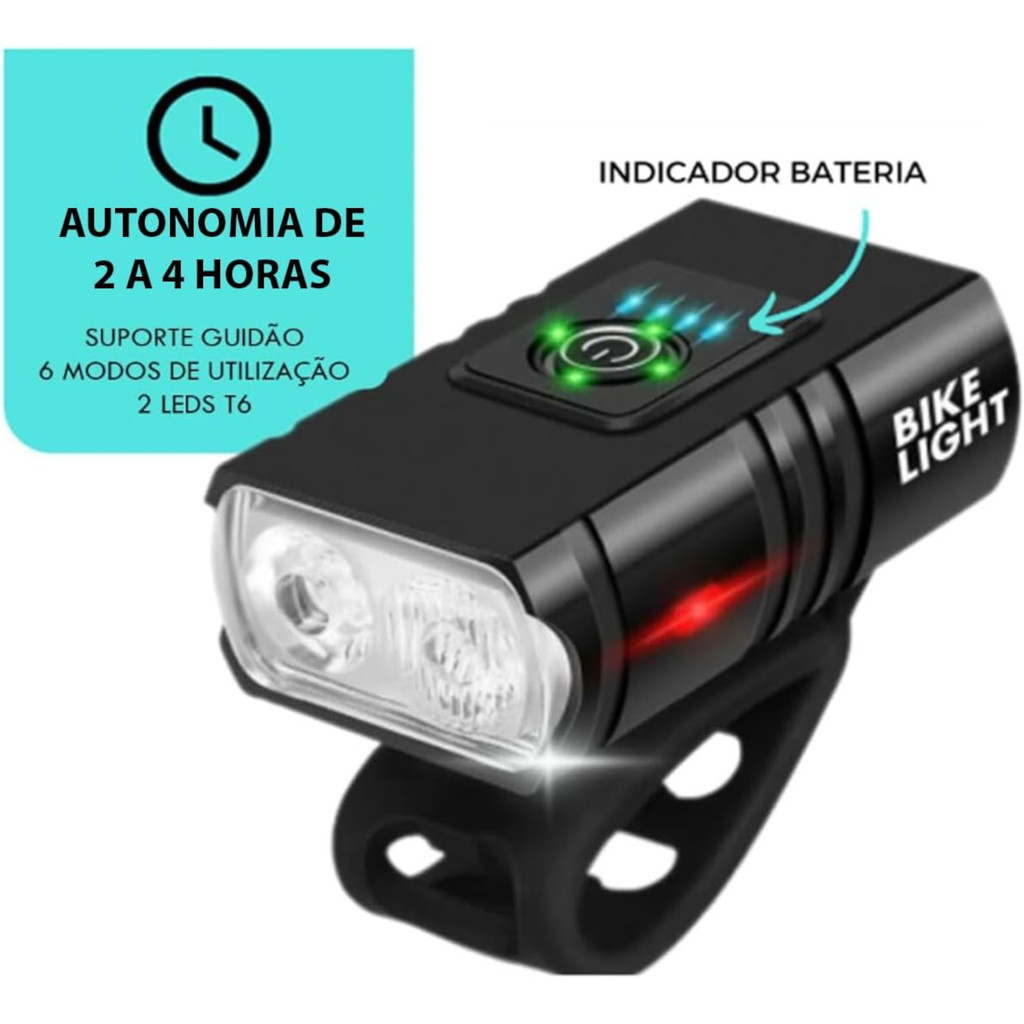Lanterna Farol Frontal De Bike 2 Leds Super Forte Com 6 M...