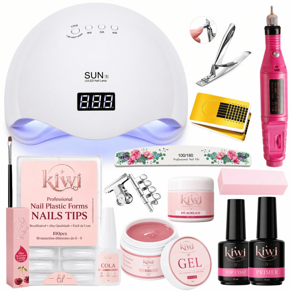 Kit De Unha Gel Cabi Sun + Lixadeira Motor Completo Fibra Kit Alongamento Gel Top coat e Primer
