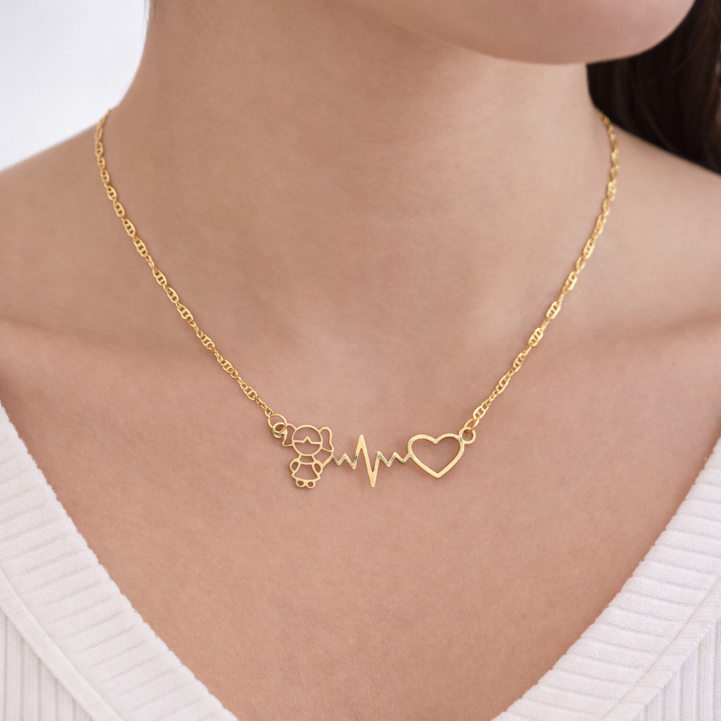 Colar Filhos Menina / Menino Batimento Cardíaco + Coração Folheado Dourado Ideal para dia das mães