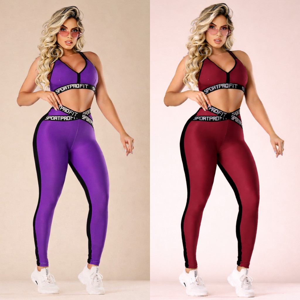 Conjunto Fitness Feminino Top e Legging Com Cós de Elástico Academia Musculação