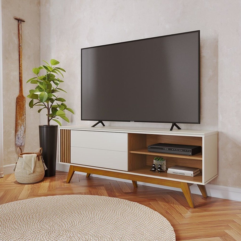Rack Ripado para TV até 60 Polegadas 160,4cm Pés em Madeira Maciça Porta Deslizante Otawa Branco Off White