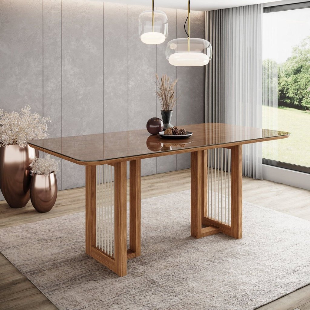 Mesa Yara para 6 Lugares Tampo de 160cm Canto Arredondado com Vidro Marrom/Nature