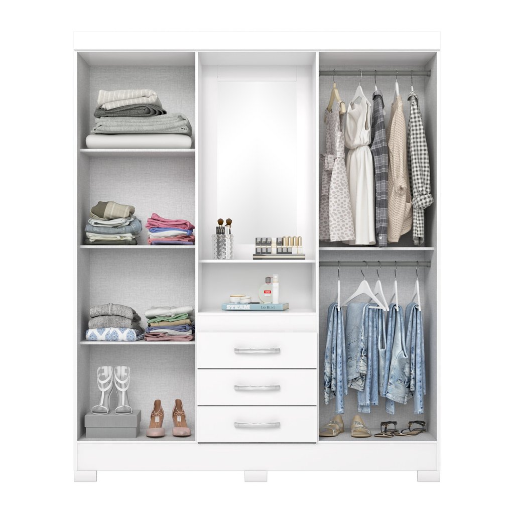 Guarda Roupa Solteiro com Espelho 4 Portas 3 Gavetas Nápole Briz Branco/Rosa Chá Branco/Rosa Chá