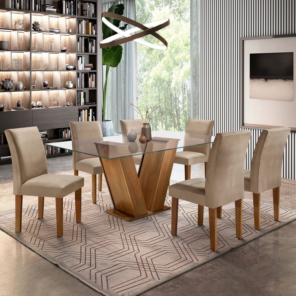 Conjunto Sala de Jantar Mesa Tampo de Vidro e 6 Cadeiras Classic