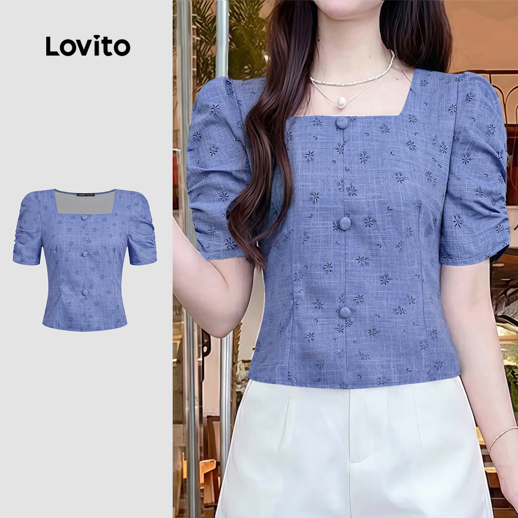 Lovito Blusa Elegante Plissada com Botões Frontais Azul Primavera/verão para Mulheres LK4ED880
