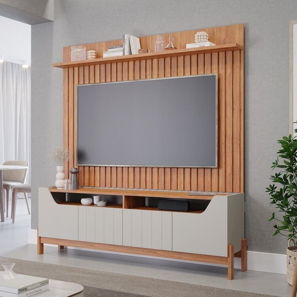 Rack com Painel Ripado para TV até 60 Polegadas 100% MDF 185cmx197cm Moema Espresso Móveis Bege Cinamomo/Off White