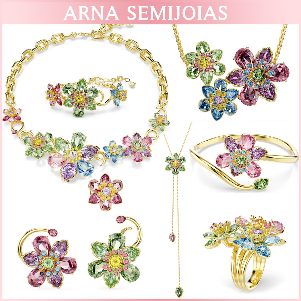 Idyllia Colar De Cristal De Flor Colorida Pulseira Brinco De Punho De Orelha Banhado A Ouro S12