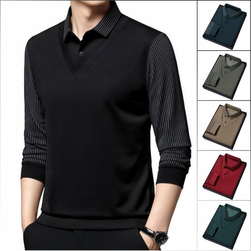 Camisa Polo Masculina de Manga Longa Listrada Slim Fit Plus Size Casual para Negócios 123 5142